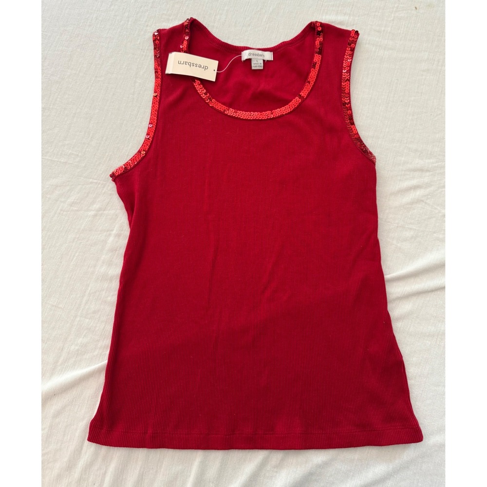 Dressbarn Girls Red Ribbed Sequin Trim Tank Top Size L Holiday Sleeveless Shirt